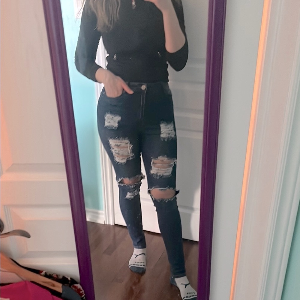 Distressed High Waisted Blue Denim Jeans